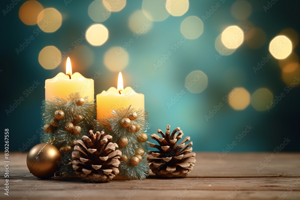 a group of candles and pine cones