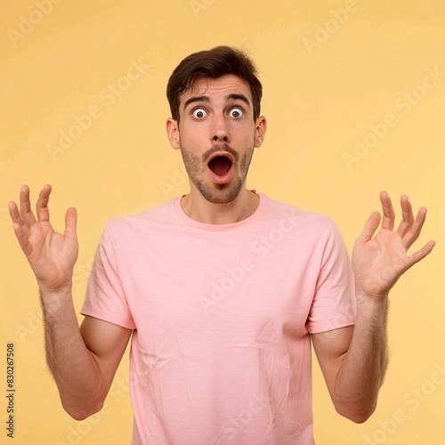 Close up shot of the man in a pink t-shirt with shocked face on yellow background. Amazed grimace