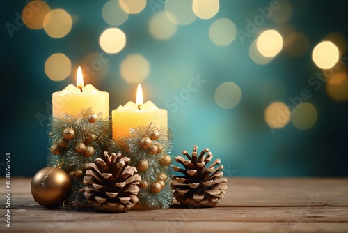 a group of candles and pine cones photo