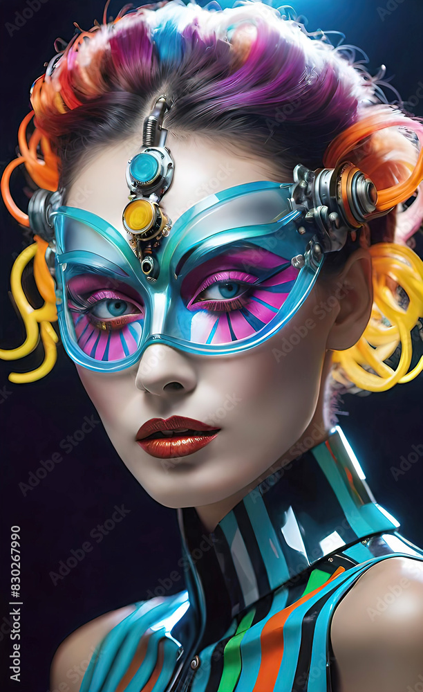 Obraz premium Futuristic half-length portrait, beautiful girl model in colorful mask, striped body art, colorful makeup, world of fashion and beauty and fashion industry
