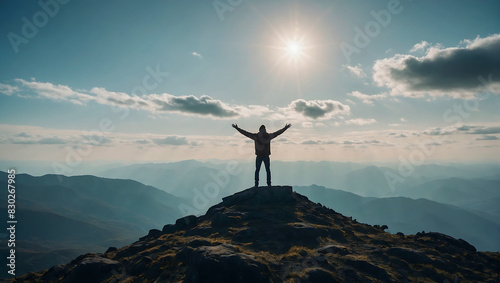 A lone person stands on top of a big mountain with hands towards the sky as to celebrate their achievement