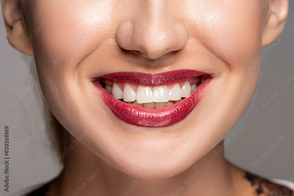 Fototapeta premium close up lips of woman, red lipstick, beautiful smile, woman with perfect teeth