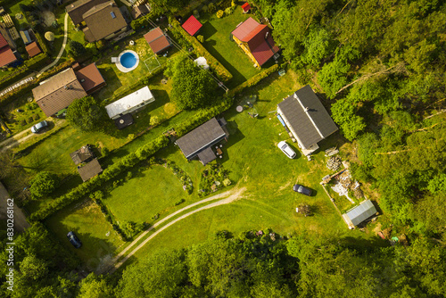 Top down view of garden with house near forest. Living in the countryside from above.