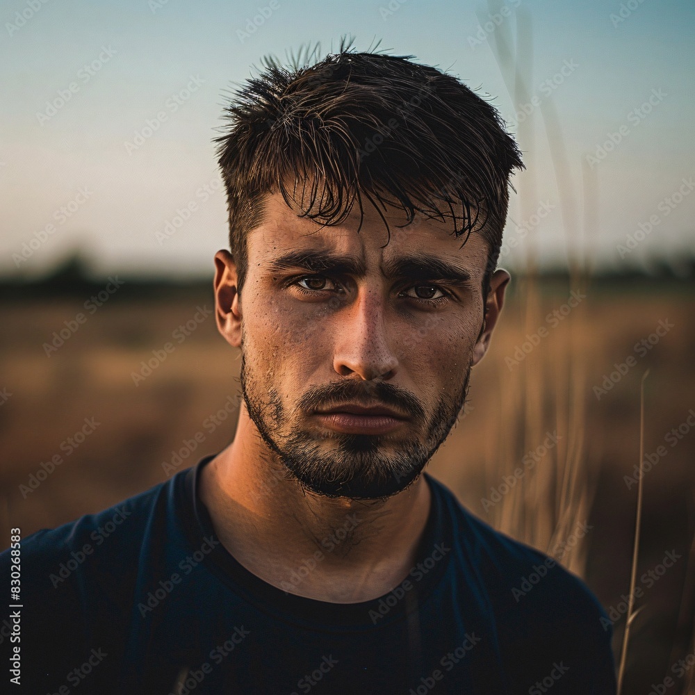 Portrait of man looking serious standing in the field Portrait of man looking serious standing in the field
