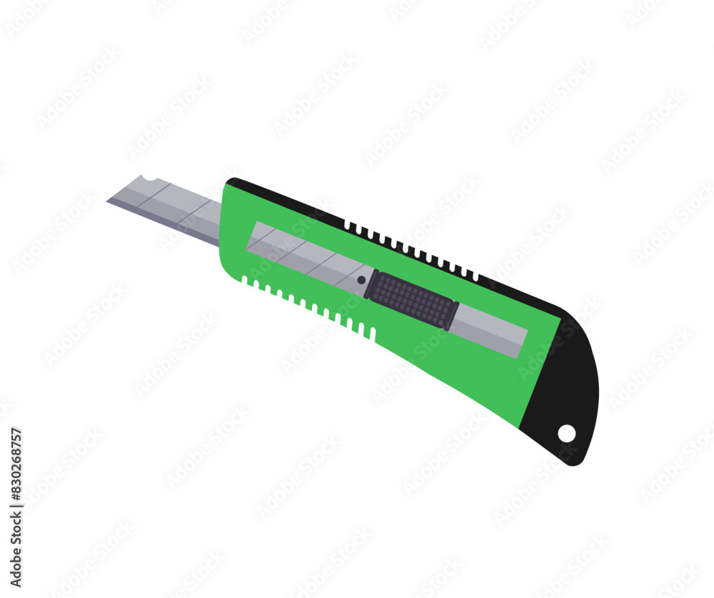 Green plastic stationery knife with sharp blade logo design. Paper cutter steel tool instrument danger utensil vector design and illustration. 