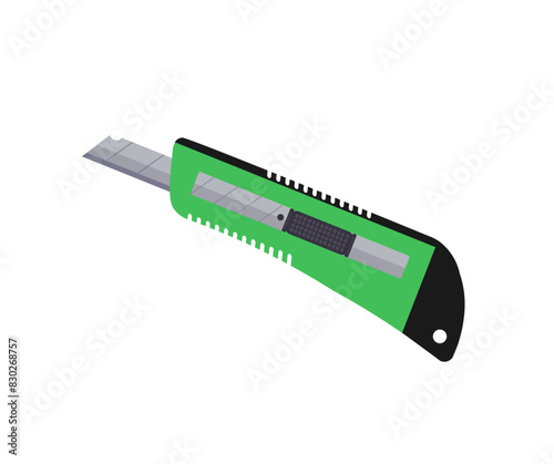 Green plastic stationery knife with sharp blade logo design. Paper cutter steel tool instrument danger utensil vector design and illustration. 