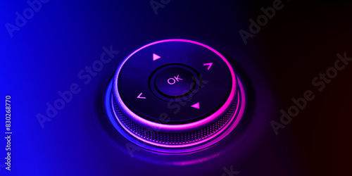 A close-up of a glowing button switch on a black background with neon purple and blue lighting. Modern control technology  innovative design  and futuristic style.