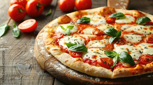 Homemade Margherita Pizza with Tomato Sauce and Mozzarella on a Floured Wooden Table Garnished with Fresh Tomatoes