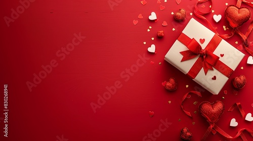 A white gift box topped with a red bow surrounded by hearts on a vibrant red background. Generative AI