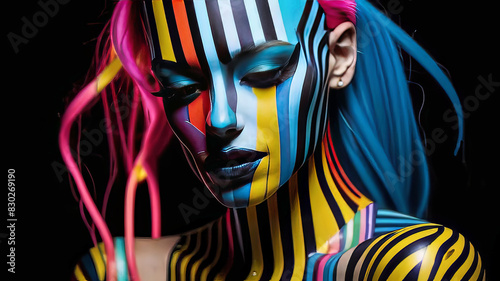 Futuristic half-length portrait  beautiful girl model in colorful mask  striped body art  colorful makeup  world of fashion and beauty and fashion industry