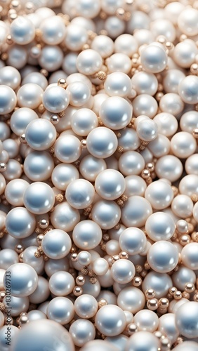 White and golden pearls  beads  3d render balls  sphares  round shapes backgorund.
