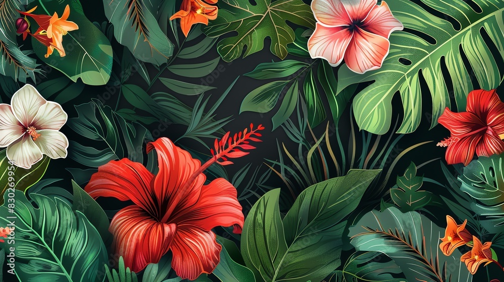 Vibrant tropical leaves and flowers. Seamless pattern. Vector illustration. Perfect for wallpapers, backgrounds, and fabric. Vibrant tropical leaves and flowers. Seamless pattern. Vector illustration. Perfect for wallpapers, backgrounds, and fabric.