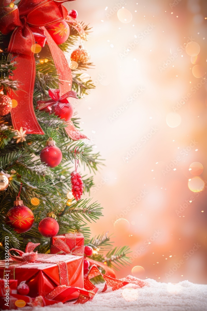 red christmas tree. Festive Christmas background. Merry Christmas and Happy New Year poster, banner and greeting card