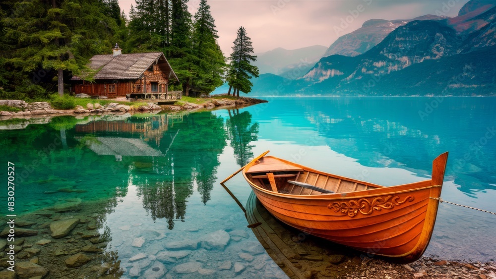 A serene and picturesque landscape on the shore of the lake. A wooden hut among tall pines, crystal clear turquoise waters and a wooden boat gently touches the coastline.