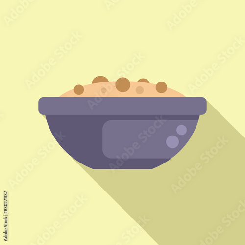 Flat design vector graphic of a purple bowl with cereal on a pastel background