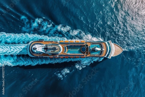 Aerial view of a cruise ship with swimming pools on the decks moving in the open sea, creating waves astern.  photo