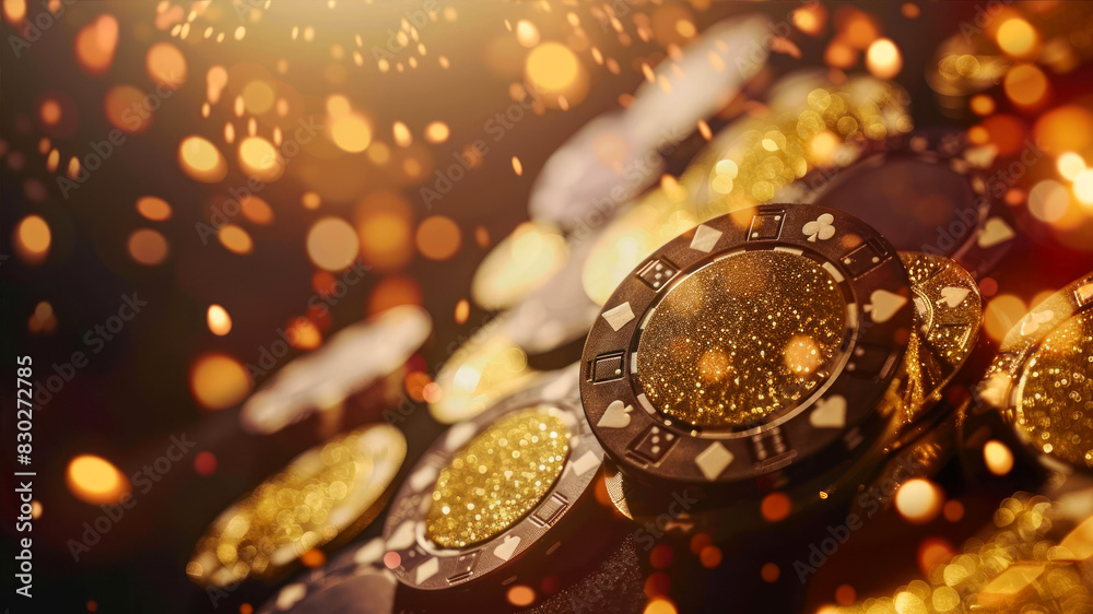 Fototapeta premium Luxury casino golden chips and cards. Poker chips falling