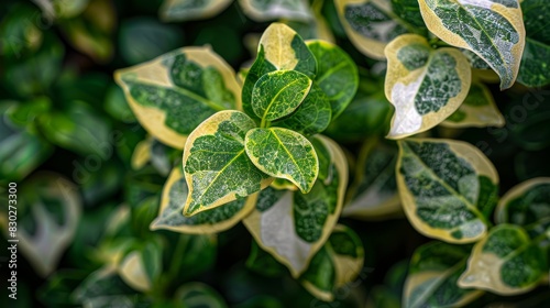 A green plant with yellow and white striped leaves  as depicted in this close-up