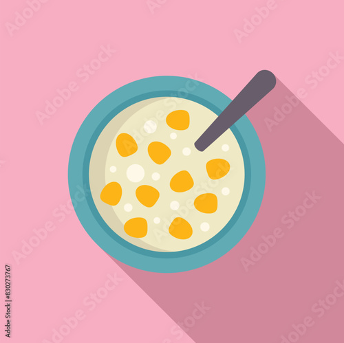 Flat design illustration of a bowl of cereal with milk, a spoon, and a pastel background