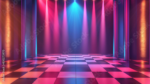3D rendering of an empty dance floor with glowing spotlights.