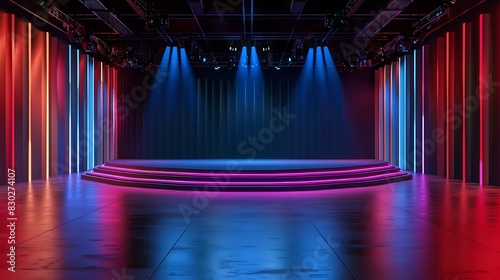 3D rendering of an empty stage with a glowing circular platform in the center. The stage is surrounded by colorful spotlights.