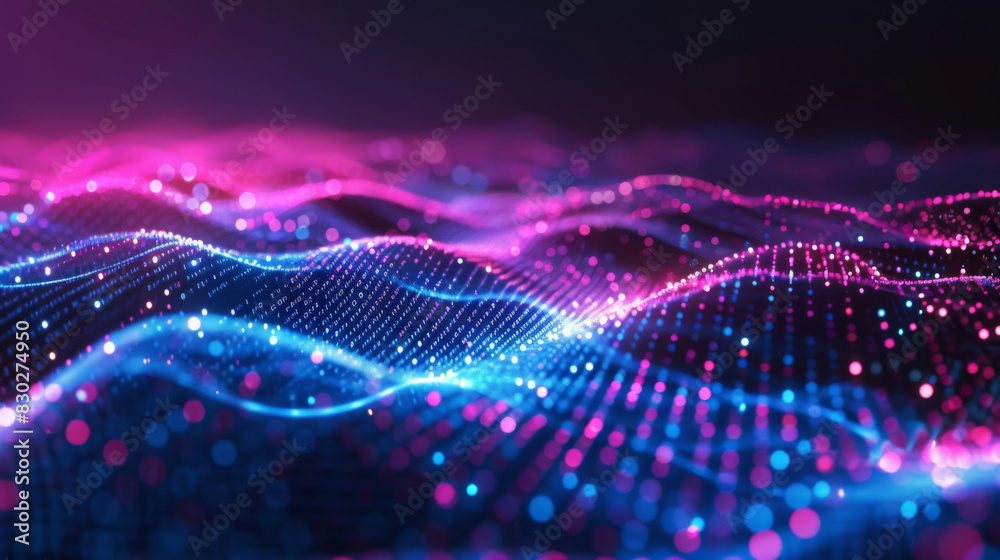 Abstract tech background with flowing particle waves in blue and pink