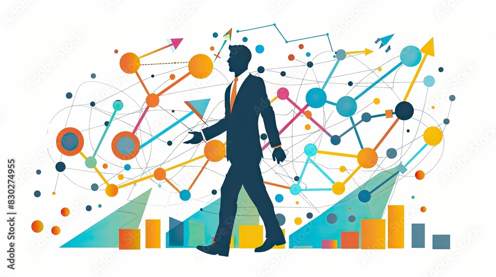 A man is walking in front of a graph with many lines and circles A man is walking in front of a graph with many lines and circles