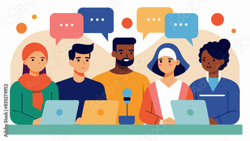 A panel discussion on cultural acceptance and understanding is held with students from different backgrounds sharing their perspectives.. Vector illustration