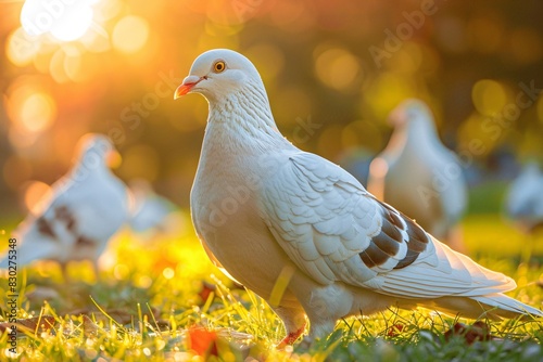 a white pigeon standing on grass © Laura