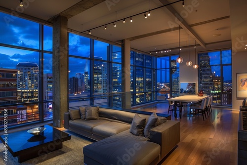 A bright and spacious penthouse with panoramic windows overlooking a bustling cityscape at dusk.