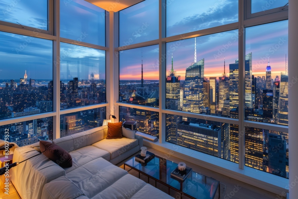 Fototapeta premium A bright and spacious penthouse with panoramic windows overlooking a bustling cityscape at dusk.