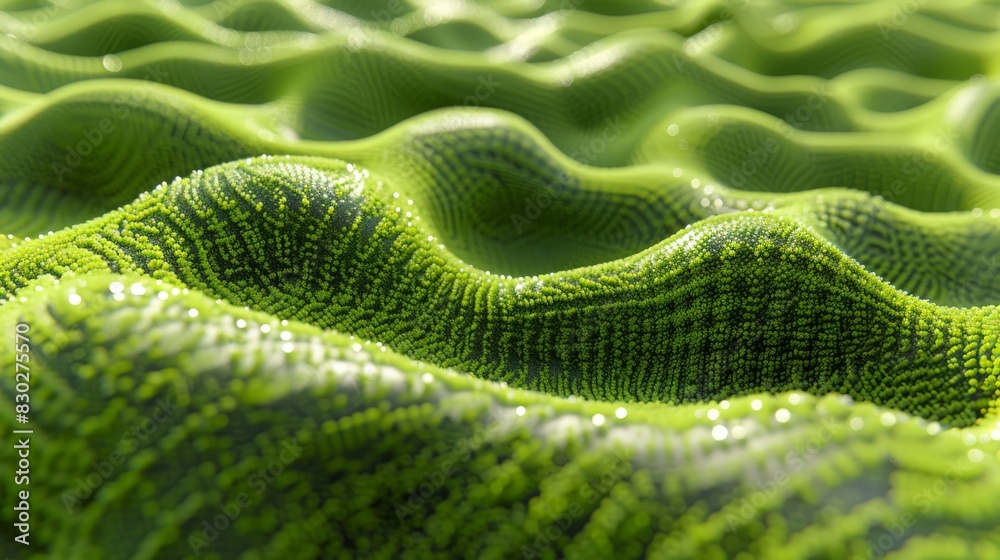 A tight shot of a green surface dotted with water droplets, with a soft, blurred depiction of undulating waves A tight shot of a green surface dotted with water droplets, with a soft, blurred depiction of undulating waves