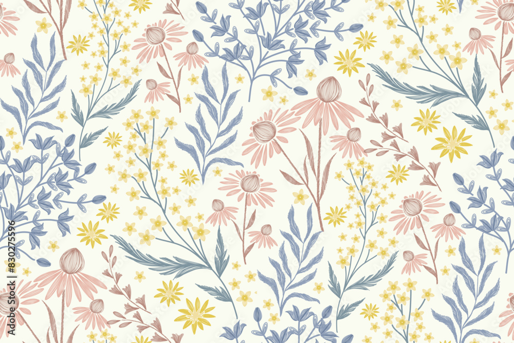 Minimal Floral pattern seamless paisley embroidery texture pink coneflower flower motifs. Vintage ikat style vector illustration design hand drawn .