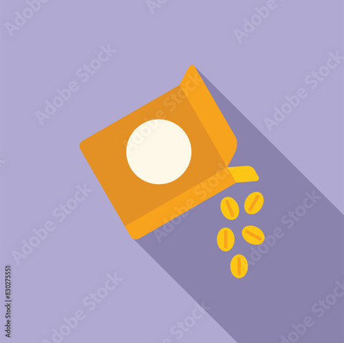 Vector illustration of a stylized seed bag with seeds spilling out on a purple background