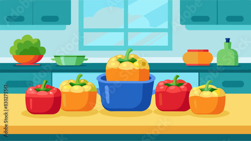 From afar the stuffed bell peppers on the kitchen counter could be mistaken for colorful lunch boxes each one filled with a nutritious and flavorful meal.. Vector illustration