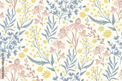 Minimal Floral pattern seamless paisley embroidery texture pink coneflower flower motifs. Vintage ikat style vector illustration design hand drawn .