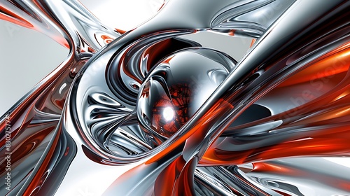 3D rendering of a silver and red abstract shape with a glowing red eye. © Nurlan