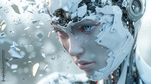 3D rendering of female robot head that shatters