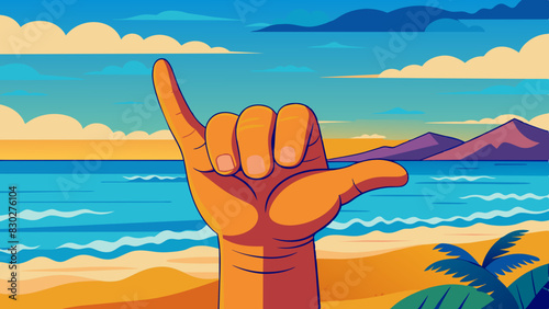 Cartoon vector illustration Closeup of hand showing surfers shake sign against background of sea, beach. Concept is rest, freedom, relaxation, pleasure, summer time. Used in hawaiian, surfer culture