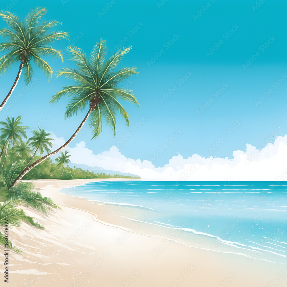 A tranquil tropical beach scene with palm trees, white sand beaches, and crystal clear turquoise water shining on the sky