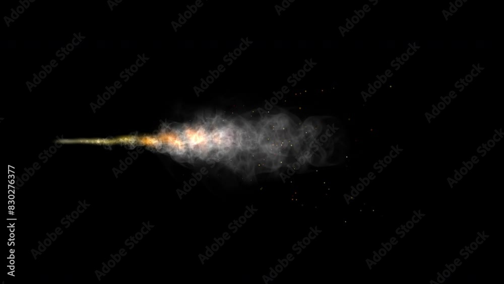 Fiery and smoky jet or rocket exhaust with particle sparks, 4K WITH ALPHA CHANNEL for transparent background