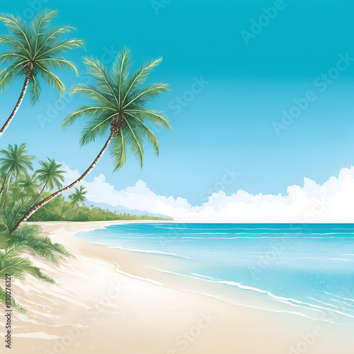 A tranquil tropical beach scene with palm trees  white sand beaches  and crystal clear turquoise water shining on the sky