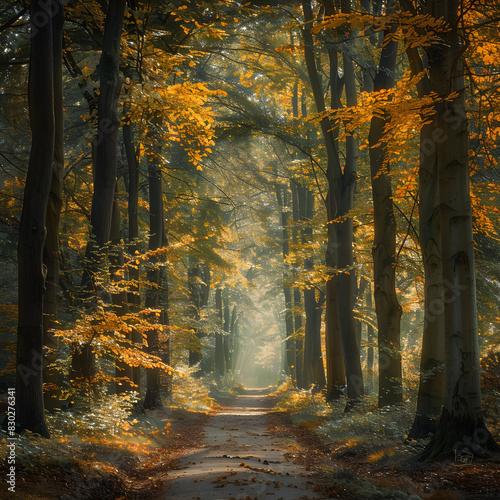 Serene Autumn Forest Pathway with Sunlight Filtering Through Vibrant Trees