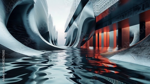 The image is a 3D rendering of a futuristic city. The city is built on a series of canals, and the buildings are made of glass and metal. photo