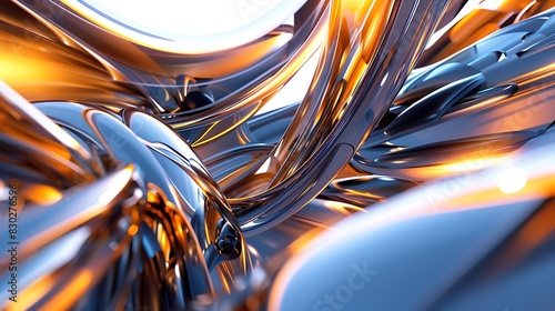 3D rendering of intertwined metallic tubes with a shiny reflective surface.