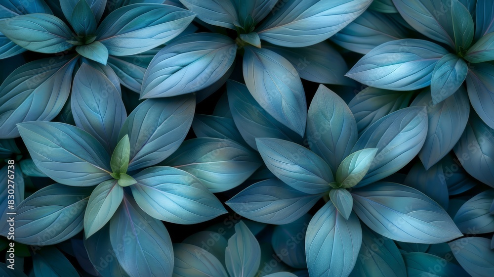 A close-up of several blue flowers with green leaves atop and beneath their petals A close-up of several blue flowers with green leaves atop and beneath their petals