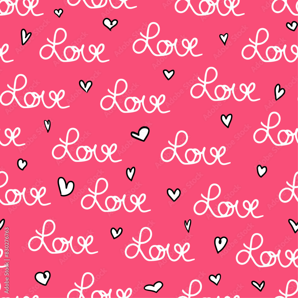 Hand written word love with hearts seamless repeat pattern. Cute, romantic vector letters and sign aop all over surface print on pink background.