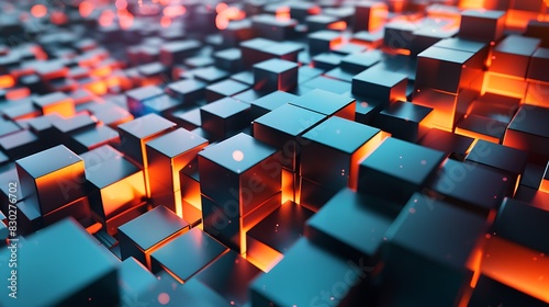 Abstract 3D rendering of glowing cubes. Futuristic technology or science fiction background.