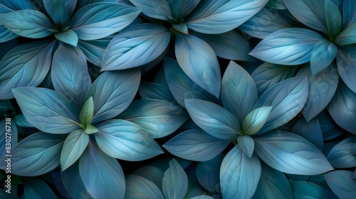  A close-up of several blue flowers with green leaves atop and beneath their petals