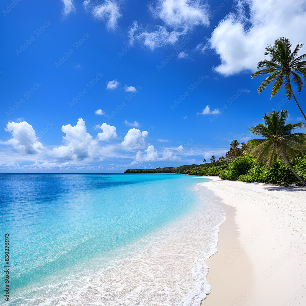 Fototapeta premium A tranquil tropical beach scene with palm trees, white sand beaches, and crystal clear turquoise water shining on the sky